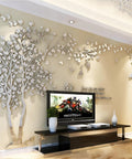 DIY 3D Tree Of Life Wall Art Decals in Silver for Living Room and Bedroom, family tree mural on beige wall with TV stand