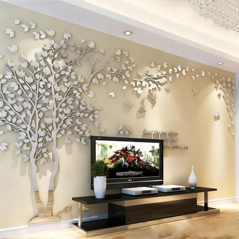 DIY 3D Tree Of Life Wall Art Decals in Silver for Living Room and Bedroom, family tree mural on beige wall with TV stand
