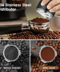 54mm Espresso Accessories Kit with Distribution Tool leveling coffee grounds before and after in portafilter