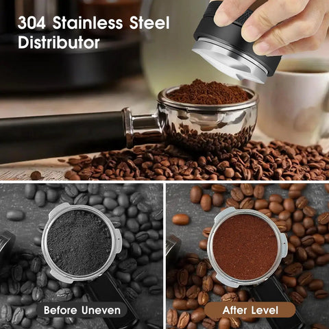 Smooth Operator 58Mm Espresso Setup Comes With Pro Grade Stainless Steel Tamper Ground Leveler And Quick Pour Dosing Funnel showing 304 stainless steel distributor on espresso grounds.
