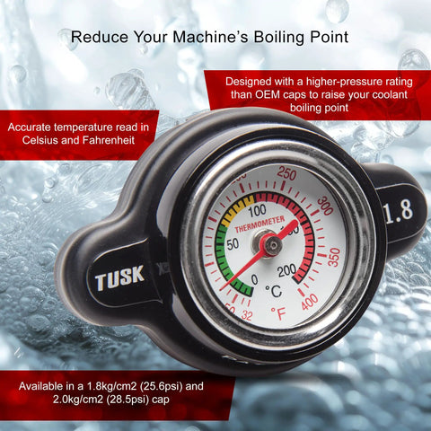 Close-up of beefed up high pressure radiator cap with temperature gauge 1.8 bar for Honda CRF450R CRF250R and Yamaha YZ450F YZ250 models