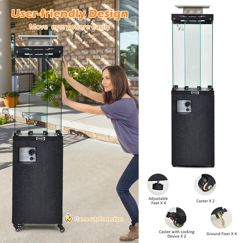 Beast 41,000 BTU Propane Patio Heater With Weatherproof Cover Lockable Wheels Adjustable Feet Tempered Glass Tube CSA Certified Outdoor Heater For Garden Porch And Deck Long Reach Heating Up To 13 Feet, shown in indoor setting with accessories.