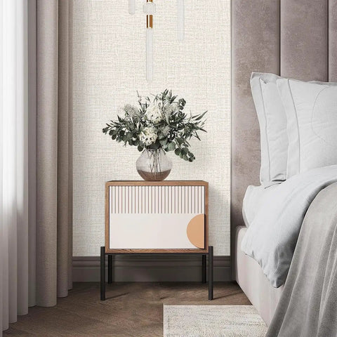Bedroom with beige grasscloth peel and stick wallpaper self adhesive vinyl for walls 17.7 x 118.1 inches textured faux linen look