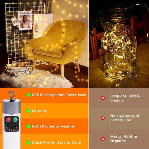 Rechargeable 33Ft 100LED Copper Wire String Lights With Timer And 13 Modes Waterproof Portable Camping Lights for home decor
