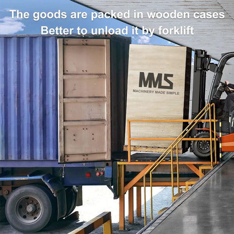 Forklift unloading wooden cases from a truck at loading dock