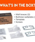 White In-Wall Cable Hider Kit For Single Gang Pass-Through components including wall braces, bullnose wallplates, template, and screws.