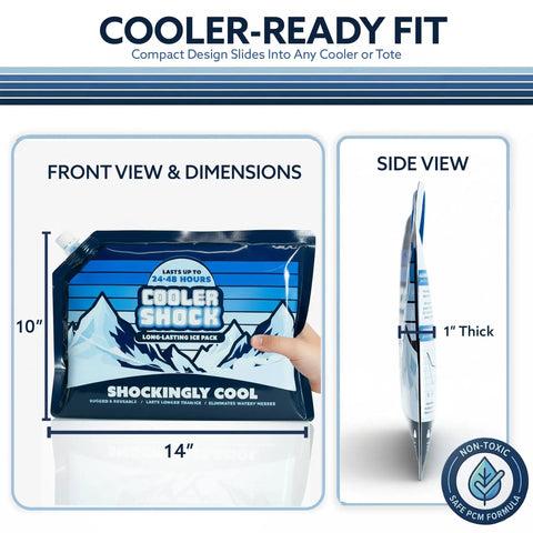 Front and side view of Giant Reusable Ice Packs For Large Coolers, 14x10 inch leakproof design, 1 inch thick.