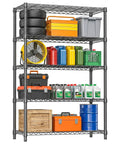 Heavy Duty 5-Tier Metal Storage Shelving Unit With Adjustable Wire Shelves For Garage, Kitchen, Basement, Laundry And Office, The Workhorse Black Steel Rack With 1750 Lbs Total Capacity, 47.2 W X 17.7 D X 72.3 H, loaded with tires and storage bins