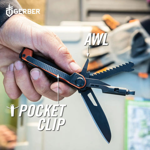 Close-up of a hand holding 8 In 1 EDC Multitool Pocket Knife With Blade Pry Bar Hammer Saw Bottle Opener, burnt orange handle
