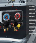 Close-up of All In One HVAC Manifold Gauge Set With Hose Kit For Auto AC Systems Pro Grade Compatible With R134A R22 R32 R410A Freon