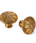 Antique Brass Round Cabinet Knobs And Drawer Pulls Set, 10 Pack, 1.4 Inch, zinc alloy with floral motif finish, side and top view