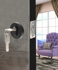 Black Zinc Alloy Deadbolt Lock Single Cylinder For Bedroom Doors With Keys Heavy Duty Entry Hardware Smooth Operation viewed with keys inserted.