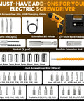 Heavy Duty 4V Cordless Electric Screwdriver Set Featuring 46 Precision Driver Bits In A Slick Carrying Case. Add-ons include bits, USB cable, socket adapter.