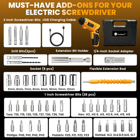 Heavy Duty 4V Cordless Electric Screwdriver Set Featuring 46 Precision Driver Bits In A Slick Carrying Case. Add-ons include bits, USB cable, socket adapter.