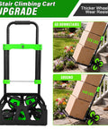 Stair Climbing Dolly With Six Wheels For Heavy Duty Loads 2 In 1 Hand Truck Cart With Elastic Cords To Secure Loads And Flat Ground 440lb Lift Capacity 220lb Climb Capacity Plus Folding Design Non Slip Wheels For Easy Storage. folding six-wheel stair cart with green frame, used on steps with boxes