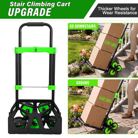 Stair Climbing Dolly With Six Wheels For Heavy Duty Loads 2 In 1 Hand Truck Cart With Elastic Cords To Secure Loads And Flat Ground 440lb Lift Capacity 220lb Climb Capacity Plus Folding Design Non Slip Wheels For Easy Storage. folding six-wheel stair cart with green frame, used on steps with boxes