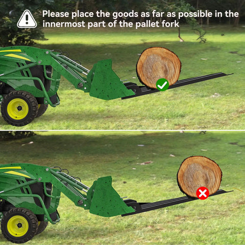 Clamp On Debris Forks For 48 Inch Buckets, Heavy Duty Quick Attach Pallet Forks Up To 2500 Lbs - Proper log placement on tractor.