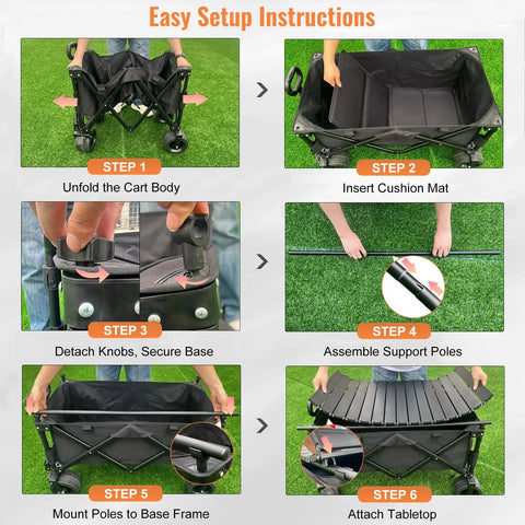 Easy setup steps for Heavy Duty Collapsible Folding Wagon With Built In Table, utility cart assembly instructions