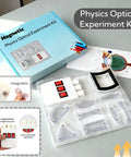 Magnetic Optics Lab Kit for Classrooms With Easy-To-Use Triple Laser Source, prisms, reflectors, and teaching supplies displayed.