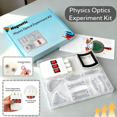 Magnetic Optics Lab Kit for Classrooms With Easy-To-Use Triple Laser Source, prisms, reflectors, and teaching supplies displayed.