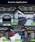 Hexagon LED Garage Light 168W 18480LM 5-Grid Honeycomb Lighting System 6500K in various application settings