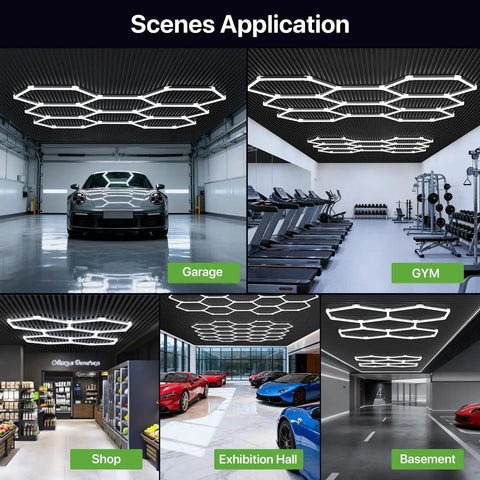 Hexagon LED Garage Light 168W 18480LM 5-Grid Honeycomb Lighting System 6500K in various application settings