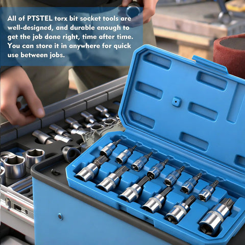 Open blue case showing 13 Torx Bit Socket Set T8 to T70 CRV Star Sockets Pro Grade for various drives, displayed on a workbench.