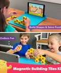 Children playing with Junior Genius Pack 3-In-1 STEM Learning Kit, using magnetic tiles and a tablet for educational games.