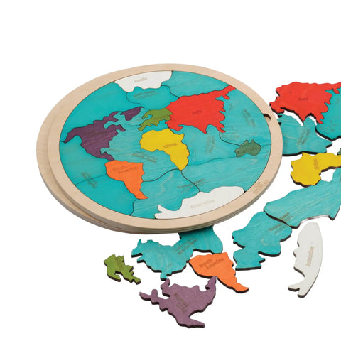 7 Continents And 5 Oceans Earth Wooden Jigsaw Puzzle For Kids With 21 Pieces shown with colorful continent pieces