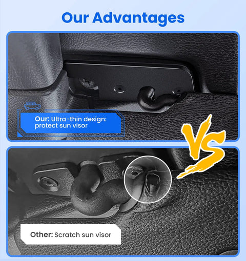 Comparison of sun visor mounting clips; top shows Heavy Duty Sun Visor Repair Kit For Jeep Wrangler JL JLU 2018 2023 And Gladiator JT 2020 2023 Aluminum Alloy Full Size Visor Mounting Clips Replacement With One Piece Design For Seamless Factory Look with ultra-thin design, bottom shows regular clip causing scratches.