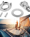 Close-up of 20-piece stainless steel twist-lock fastener set for canvas and marine use.