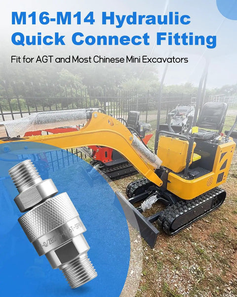 Two Pack M16 To M14 Hydraulic Quick Connect Fittings With Built In Plunger Set For AGT And Chinese Mini Excavators