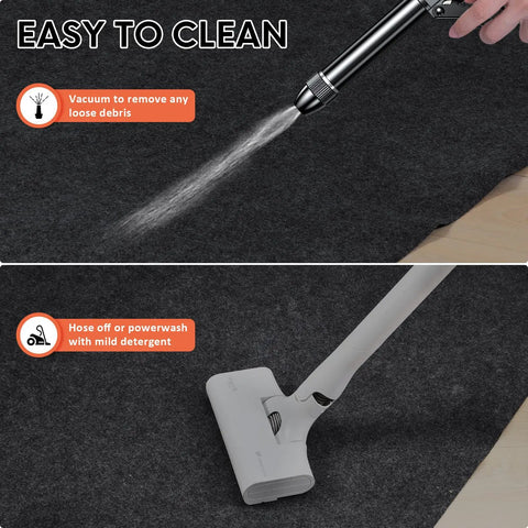 Easy to clean Heavy Duty Oil Spill Mat for Driveways and Garages, 17 by 7.9 Feet shown with vacuum and power wash instructions