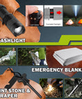 17 In 1 Survival Kit For Men And Outdoor Adventurers showing flashlight, emergency blanket, flint stone, and scraper for camping.