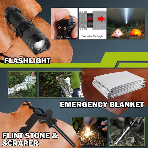 17 In 1 Survival Kit For Men And Outdoor Adventurers showing flashlight, emergency blanket, flint stone, and scraper for camping.