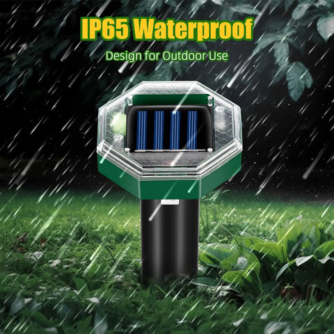 Solar Mole Repellent Stake close-up, waterproof design, lawn background, Solar Mole Repellent Stakes 8 Pack Ultrasonic Gopher Deterrent For Lawn, Garden, And Farm Outdoor IP65 Waterproof Rodent Control Spike Humane, No Traps, Keeps Moles, Voles, Groundhogs, And Snakes Out Of Your Yard