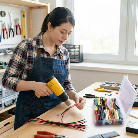 Person using a heat gun with 780 Piece Heat Shrink Tubing Kit With Case Assorted Colors And Sizes 2 To 1 Shrink Ratio Electrical Wire