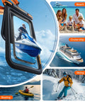 Collage of IP68 Waterproof Phone Pouch With Dual Pockets And Lanyard Floating Dry Bag For outdoor adventures including beach and skiing