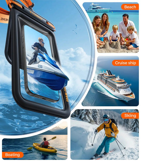 Collage of IP68 Waterproof Phone Pouch With Dual Pockets And Lanyard Floating Dry Bag For outdoor adventures including beach and skiing