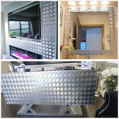 10-Sheet Peel And Stick Backsplash Tile Set For Kitchen Fireplace And Bathroom in use on mirror, fireplace, and counter.