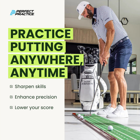 Man practicing on 9 Foot 6 Inch Putting Mat With Automatic Ball Return For Indoor Use Two Hole Putting Green Designed For Home And Office