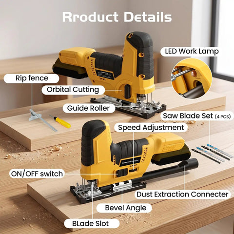 Cordless Jigsaw With Brushless Motor, Barrel Grip, 7 Speed, 3 Orbital Settings, Vacuum Adapter, 45 Degree Bevel, LED Light