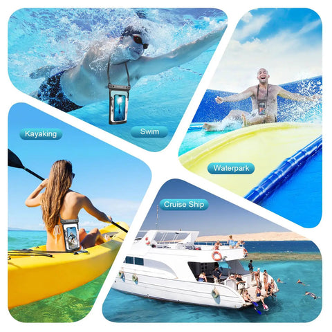 2 Pack Dope Floating Waterproof Phone Pouches With Large Capacity Dry Bag for Beach Swimming Rafting Boating shown in use