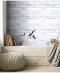 DIY Ready Peel And Stick Shiplap Wallpaper In Light Grey White Distressed Wood Plank Look in cozy reading nook