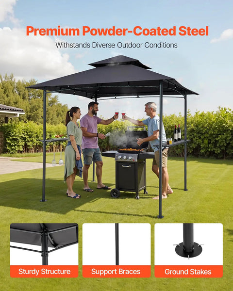 Grill Gazebo 8x5 Ft Outdoor BBQ Shelter With Double Tier Roof And Powder Coated Steel Frame Includes 2 Side Shelves And 8 Hooks