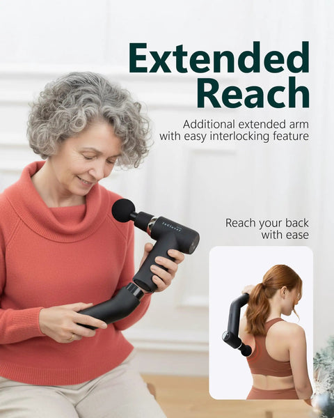 Woman using Deep Tissue Massage Gun With Detachable Extension Handle For Back And Shoulders Heated Percussion Massager.