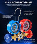 Orion Motor Tech AC vacuum pump and gauge set with blue and red dual gauges on brass manifold and hanging hook