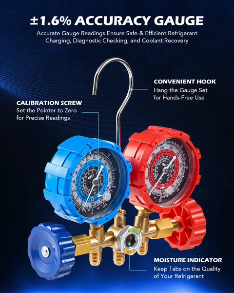 Orion Motor Tech AC vacuum pump and gauge set with blue and red dual gauges on brass manifold and hanging hook
