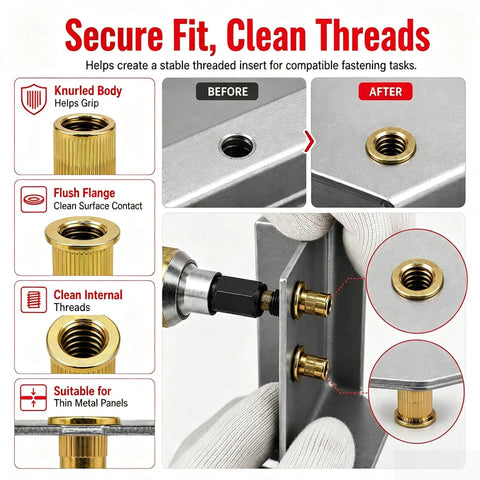 Heavy Duty Carbon Steel Rivet Nut Tool Set With M3 To M12 Mandrels And Nuts For Fast Fastening Jobs On Cars And Home Repairs That Really Get The Job Done Right, brass insert on metal panel