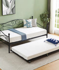 Heavy Duty Twin Trundle Bed Frame Built Tough For Casual Hangouts And Epic Sleepovers Featuring Roll Out Guest Sleeping Platform Base Zero Sag Steel Slats And Easy Glide Lockable Casters Black in a stylish room.